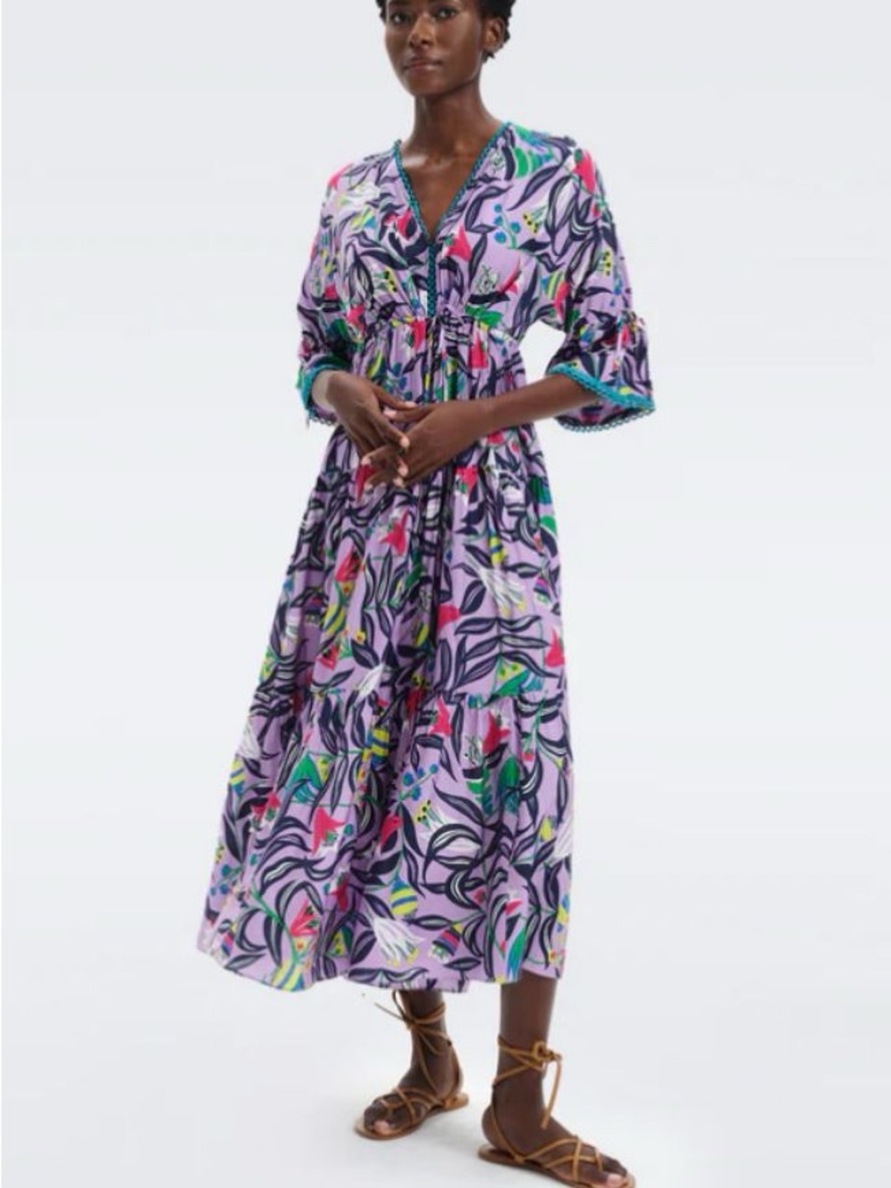 Diane Von Furstenberg Lavender Floral Dress with Teal Trim